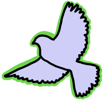 a very light grey-purple bird in flight, outlined in black and with a green outline around that.